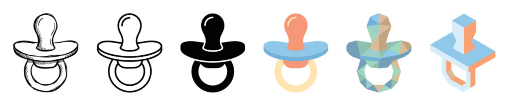 Baby pacifier dummy soother icons in various styles including sketch, outline, solid, flat, low poly, and isometric vector illustration set