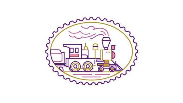 Old-fashioned steam locomotive illustration enclosed in a scalloped postal medallion. Clean outline vector with flexible stroke weight and modifiable linear paths for history.