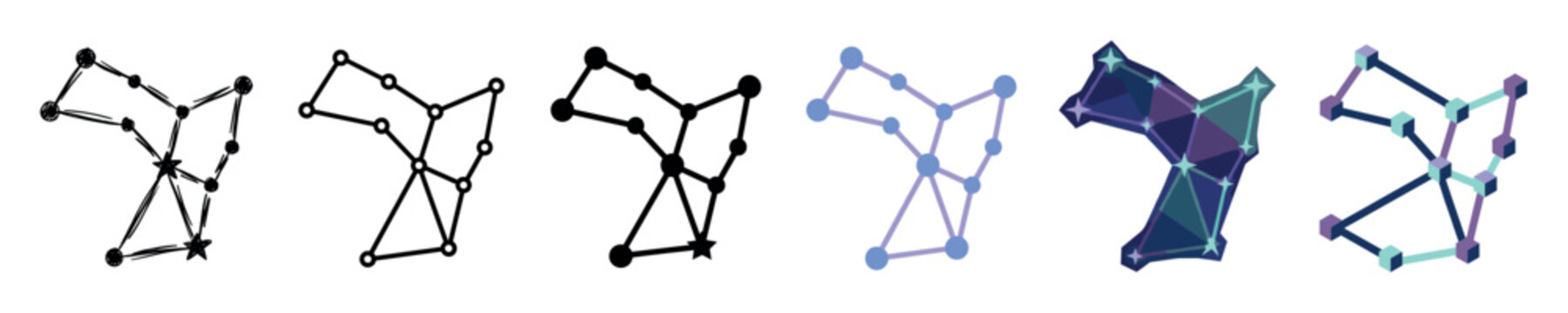 Constellation star map icons in various styles including doodle, outline, solid, flat, polygonal, and isometric vector illustration set