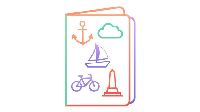 Minimalist flat line art of a voyager's identification document displaying maritime and cycling symbols. Vibrant multi-color graphic with flexible path thickness and modifiable outlines.