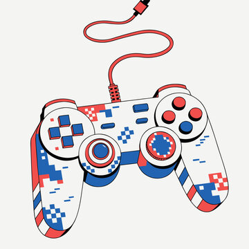 Cute retro game controller illustration in pixel art style, colorful gaming joystick with buttons and directional pad, isolated on orange background, cartoon vector design, vibrant colors, playful gam