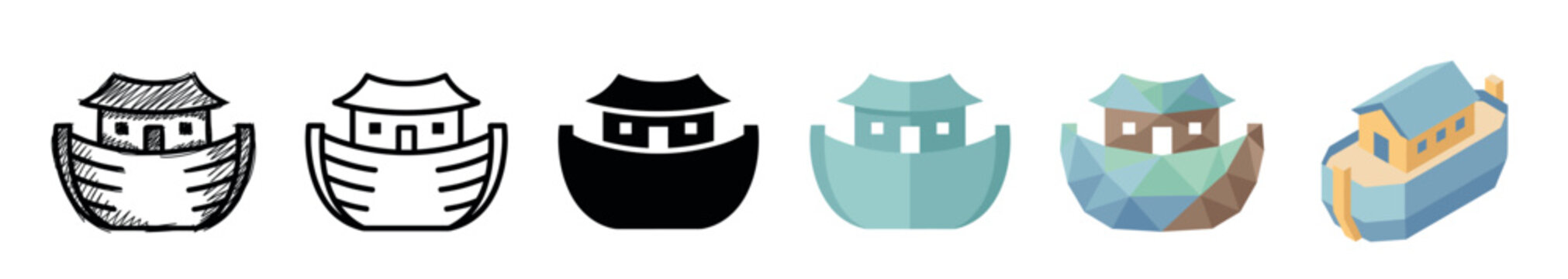 Noah's Ark boat icons in various styles including sketch, outline, solid, flat, low poly, and isometric designs
