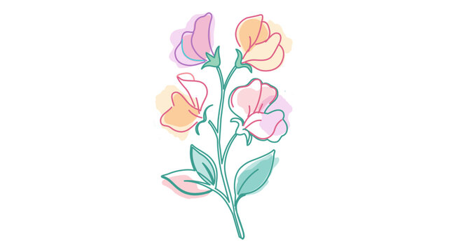 Pastel pink and yellow sweet pea floral vector with refined line art and modifiable stroke width. Delicate botanical illustration perfect for romantic wedding stationery and card designs.