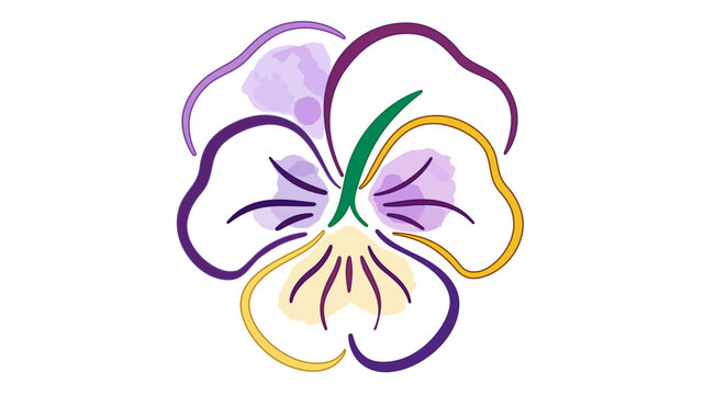 Elegant pansy flower vector illustration with editable stroke and watercolor splashes. Minimalist viola line art with adjustable stroke weight, customizable thin line, and vibrant floral design.