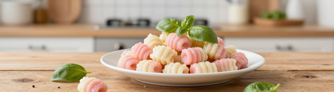 plate soft pink white gnocchi sits rustic wooden table warm kitchen setting illuminated soft diffused