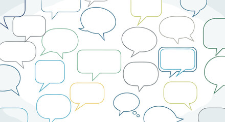 Fototapeta premium Seamless pattern of diverse empty speech bubbles and thought clouds with thin, subtle outlines, creating a minimalist communication background.