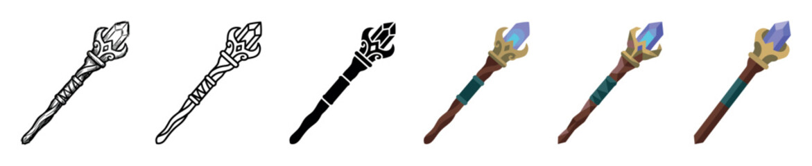 Naklejka premium Magic staff crystal wand wizard sorcerer icons set in various styles, vector illustration for game assets or fantasy concepts