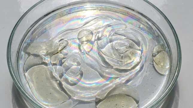 Glistening oil and water emulsions creating iridescent swirls and bubbles in abstract fluid patterns