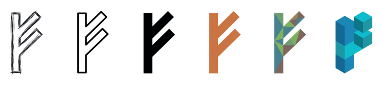 Futhark rune symbol in six different styles including hand-drawn, outline, solid, flat, low poly, and isometric 3D cube designs