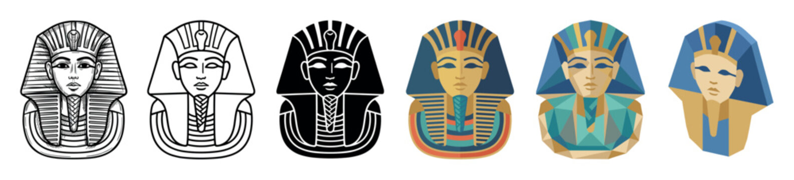 Pharaoh Tutankhamun mask icons in various styles, including outline, solid, flat, and geometric vector illustration