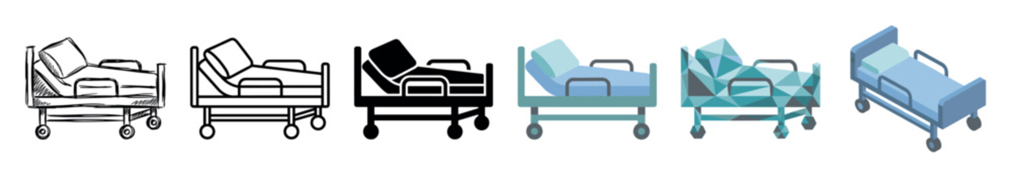 Hospital bed medical clinic patient icons set in various styles including sketch, line, glyph, flat, low poly, and isometric vector illustration