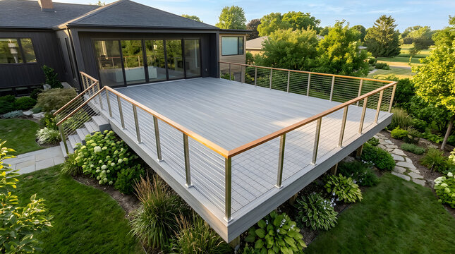 Modern Luxury Home Deck with Grey Composite Flooring | Contemporary Cable Railing and Wood Handrail | Professional Backyard Landscaping and Garden | Residential High-End Outdoor Living Space
