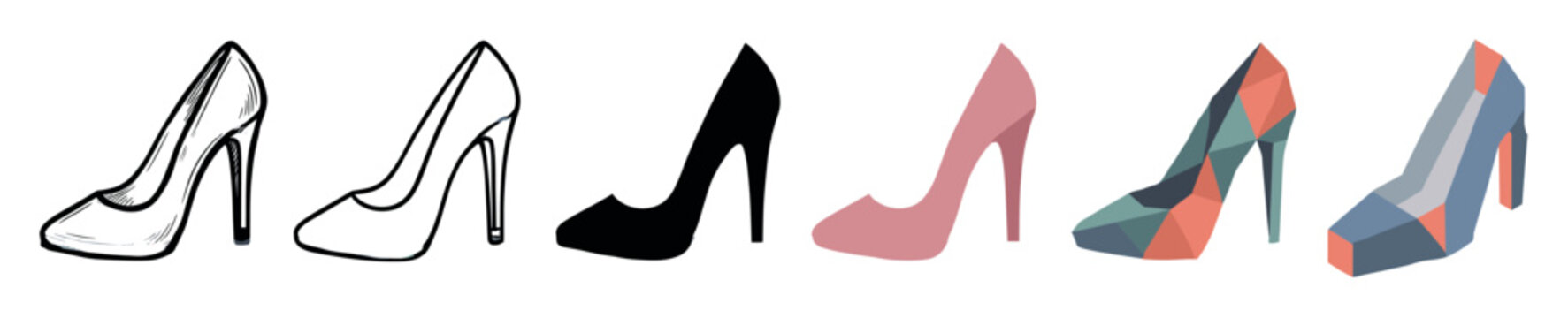 High heel shoe icons in various styles including sketch, outline, solid, flat, and geometric polygonal designs