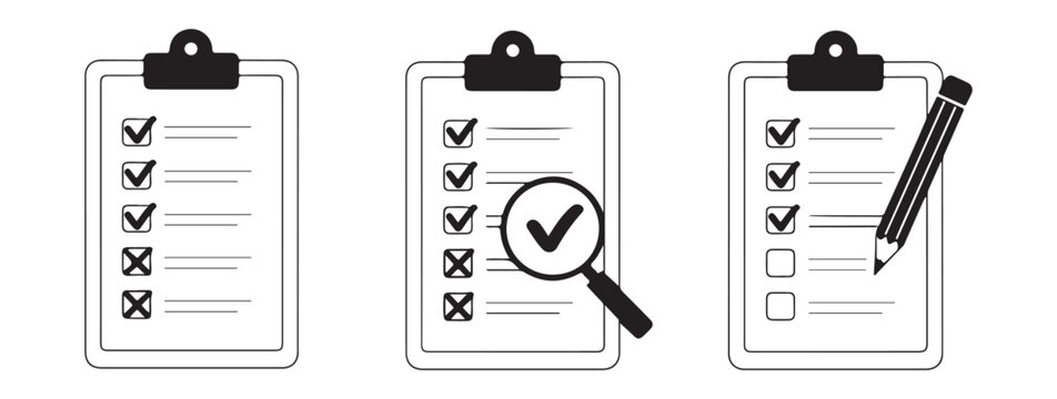Checklist clipboards featuring magnifying glass and pencil for detailed auditing and survey analysis.