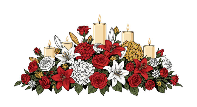A lush arrangement of red roses, white lilies, and hydrangeas, accented with small white flowers and greenery, interspersed with lit pillar candles.