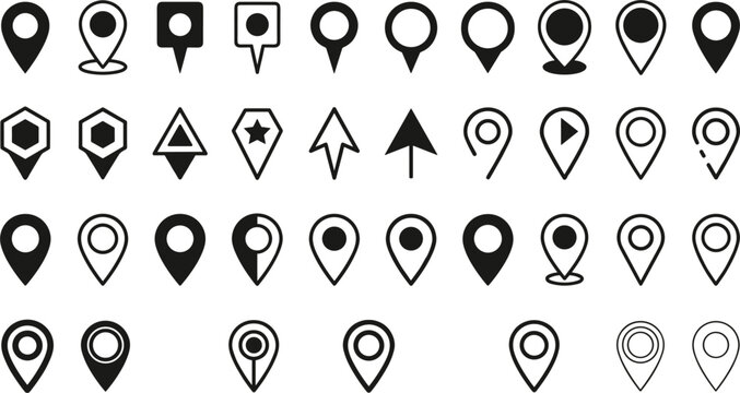 Minimalist Black Map Pin Icon Set with Geometric Location Markers Cursor Pointers and Navigation Symbols for Website Interface Layouts and GPS App Designs