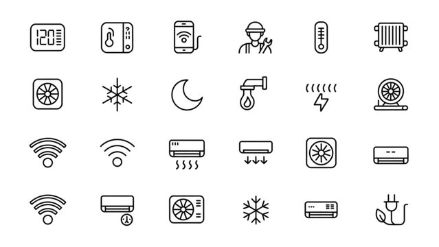 Set of thin line flat icons for smart home appliances and electronic devices for remote control and automation Vector