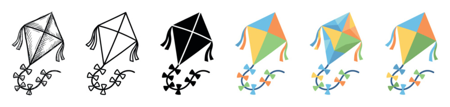 Kite flying toy icons in various styles including sketch, outline, glyph, flat, and geometric vector illustration