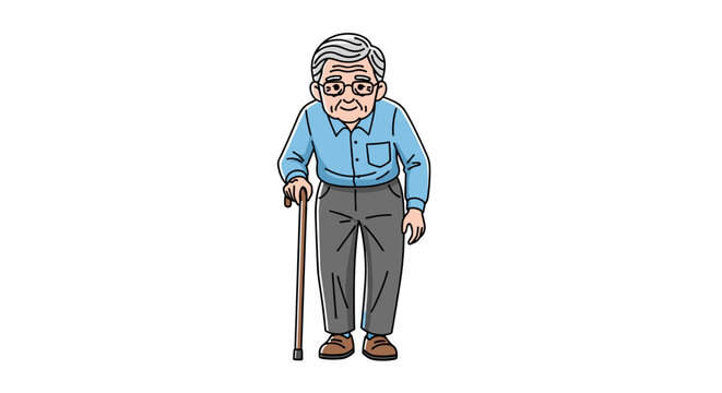 An elderly gentleman with glasses stands on a white background, holding a walking stick and appearing somewhat stooped, representing themes of aging, wisdom, and experience.
