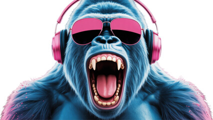 Cool blue gorilla wearing pink headphones and pixel art sunglasses shouting Vector © ANOWARUL