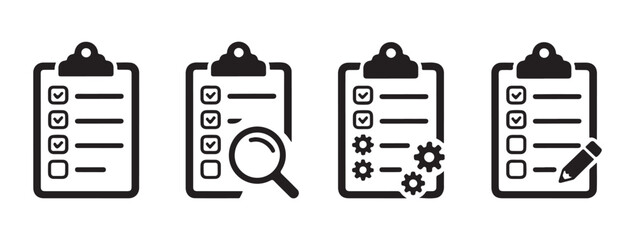 Checklist clipboard with checkmarks magnifying glass gears and pencil icons for business tasks review process. © MOST AKTER