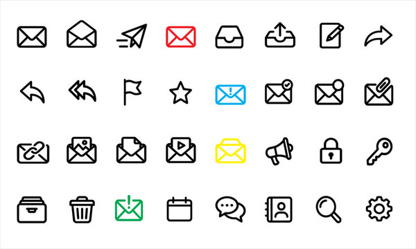 Email communication icons set messaging notifications and mailbox symbols