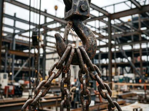 Closeup of rusty metal hook and heavy chains in industrial setting