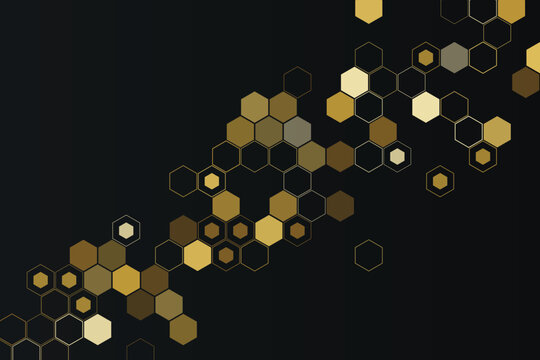 Golden hexagonal pattern with gradient shapes on dark background, hexagons yellow geometric
