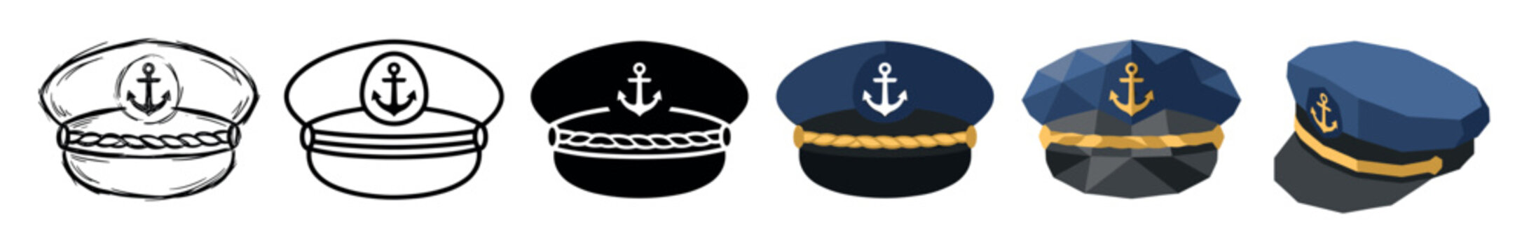 Captain hat anchor rope icons in various styles including sketch, outline, glyph, flat, and low poly vector illustration