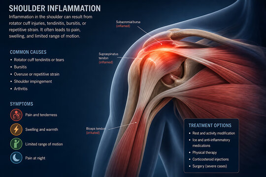 The human shoulder joint displays severe inflammation affecting bones, muscles, tendons, and ligaments with clear visibility of anatomy.