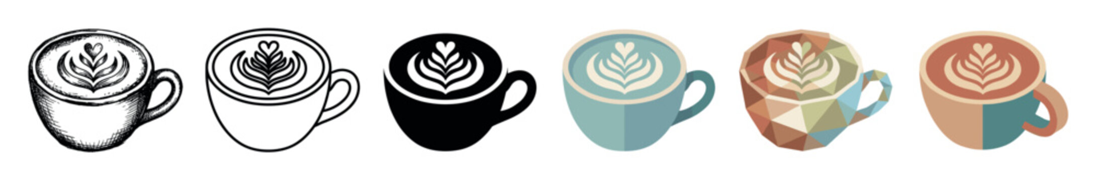 Coffee cup latte art icons in various styles including sketch, outline, solid, flat, low poly, and isometric vector illustration