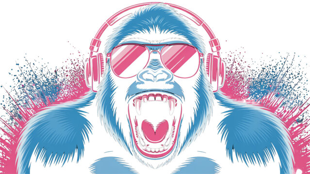 Pixel art gorilla wearing cool pink sunglasses and headphones Vector