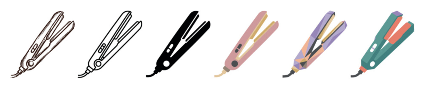 Hair straightener flat iron icons set in various styles including hand drawn, outline, glyph, flat, low poly, and isometric designs