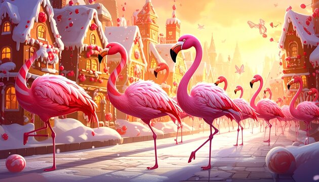 Whimsical Flamingos Parade Through a Snowy Gingerbread Village During the Holidays