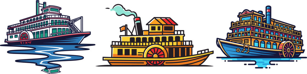 Naklejka premium Three Vintage Steamboats On Water Colorful Vector Illustration