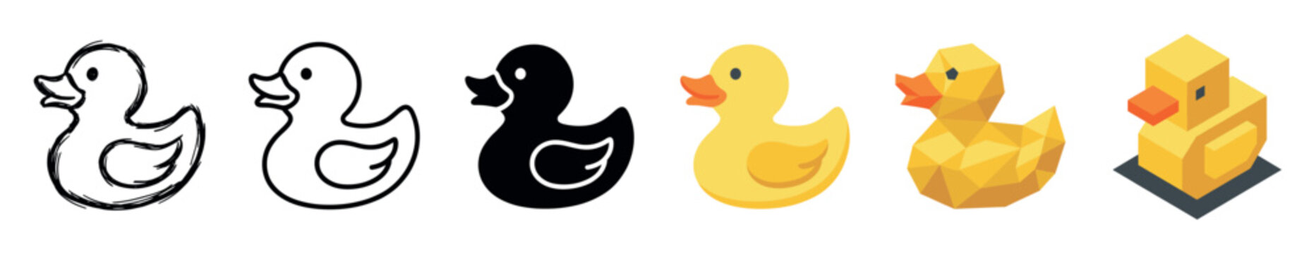 Rubber duck toy icons in various styles including hand-drawn, outline, solid, flat, low poly, and isometric vector illustration