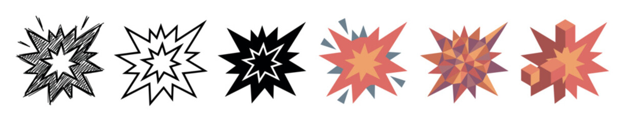 Obraz premium Explosion burst boom effect icons in various styles including doodle, outline, solid, flat, low poly, and isometric vector illustration