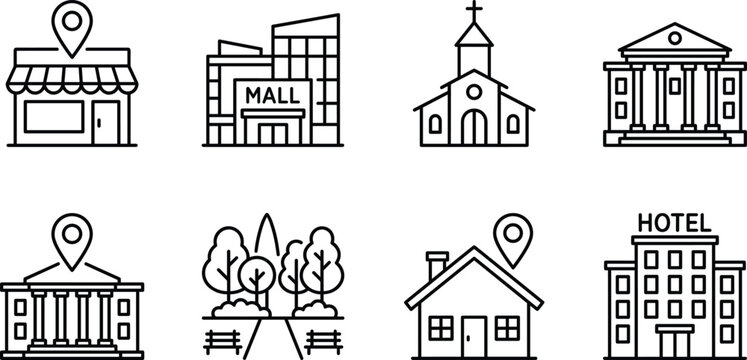 Vector collection of minimalist black and white line icons featuring various city buildings including a mall church house hotel and park isolated on white background