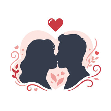 Romantic couple kissing in silhouette with heart and floral elements
