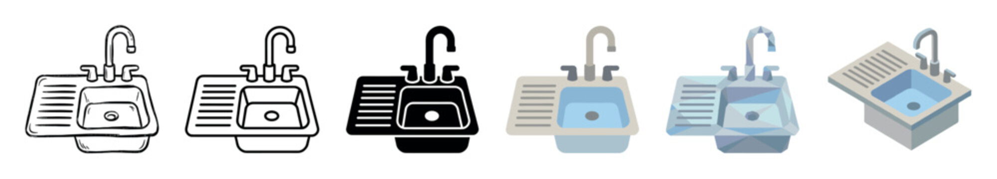 Kitchen sink faucet drainer icons set in various styles including doodle, outline, glyph, flat, low poly, and isometric vector illustration