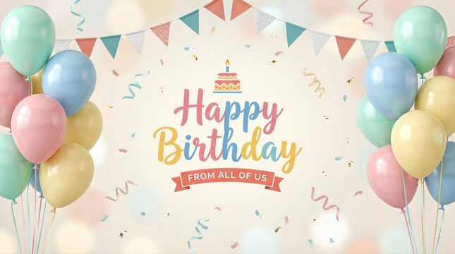 Colorful birthday celebration background featuring balloons, festive bunting, and a cheerful "Happy Birthday" message with a cake illustration in a light, festive atmosphere