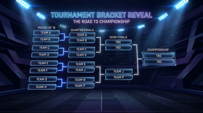 Tournament bracket reveal with teams on blue background