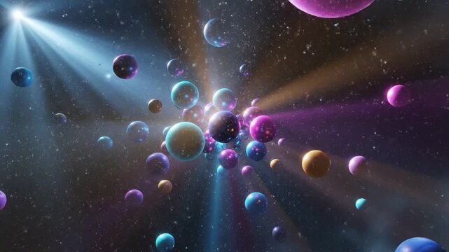 Abstract cosmic space featuring ethereal floating orbs radiating colorful beams of light, fantasy and imagination