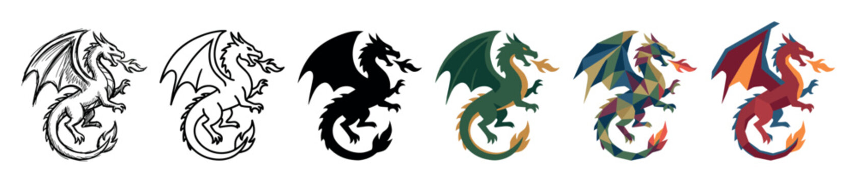 Dragon mythical creature icons in various styles including sketch, outline, silhouette, flat, and low poly vector illustration set