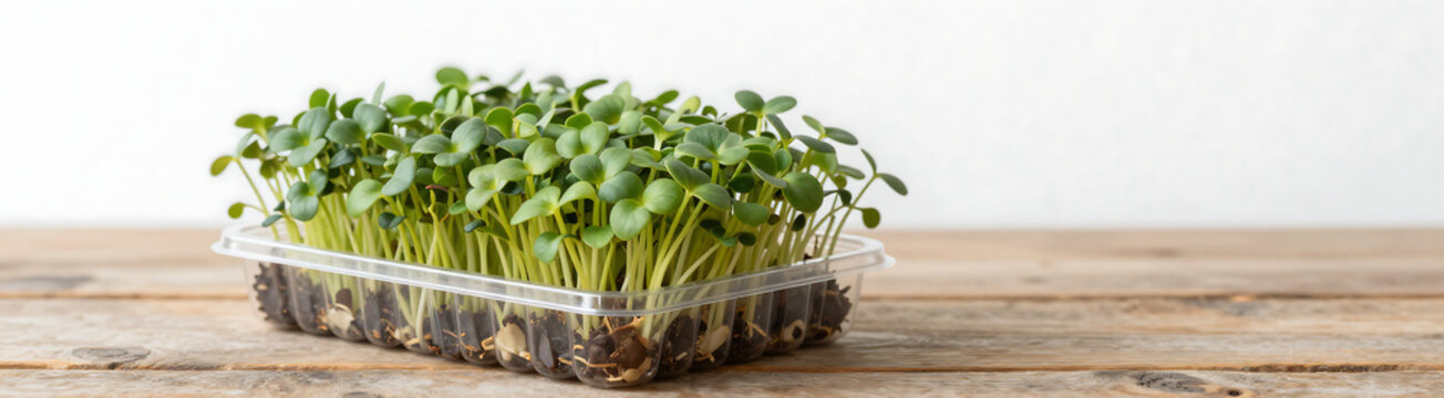 fresh green microgreens densely packed transparent plastic tray rustic wooden surface soft diffused studio lighting centered