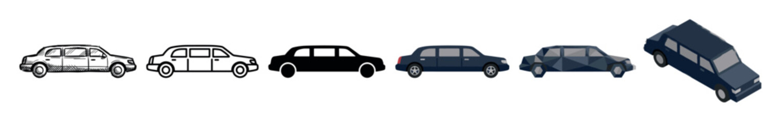Fototapeta premium Limousine car vehicle icons in various styles including sketch, outline, solid, flat, low poly, and isometric designs