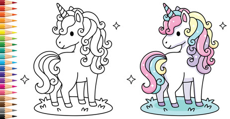 Unicorn standing with curly rainbow mane in adorable fantasy style as a playful coloring page design © Vexello