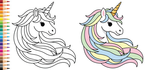 Unicorn portrait featuring a beautiful flowing mane and a spiral horn for a magical kids coloring page © Vexello