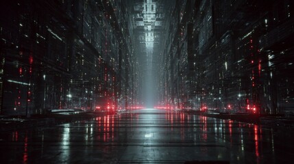 Naklejka premium Dark Cyber Chamber with Floating AI Core in a Mystical Environment Surrounded by Shadows and Glowing Lights