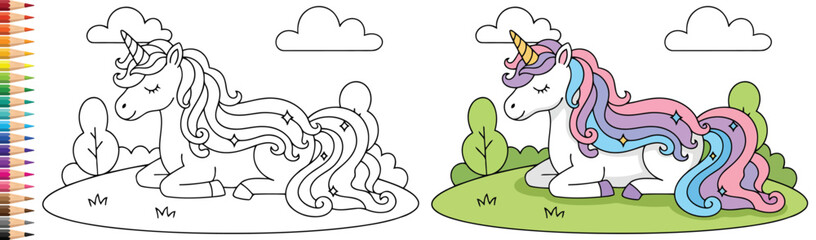 Unicorn resting on a green meadow with a beautiful flowing mane for a magical kids coloring page © Vexello